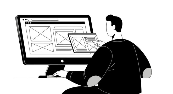 Man working on computer designing website wireframe layout.