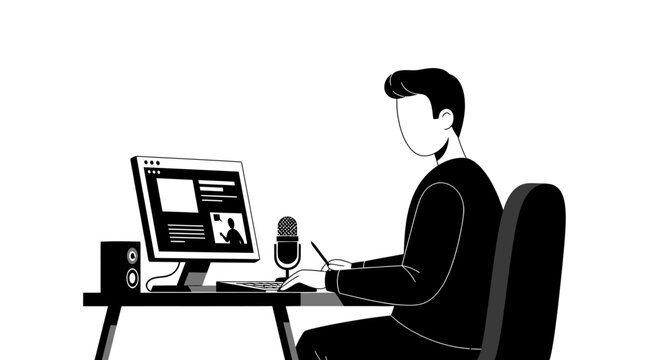 Man working on computer with microphone and speaker.