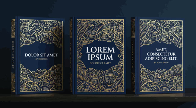 Set of three luxury book covers with intricate gold line art patterns on dark blue background