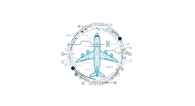 Airplane blueprint with futuristic digital technology interface and binary code overlay