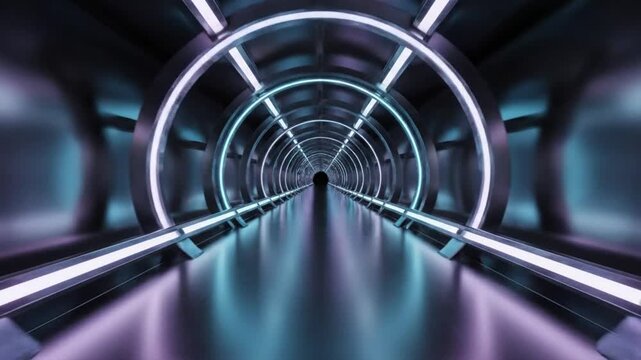 Futuristic tunnel with neon lights, long corridor perspective, abstract 3d rendering, space station design, digital art