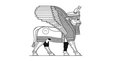 Fototapeta premium Winged Bull Lamassu Assyrian Mythological Creature Line Art