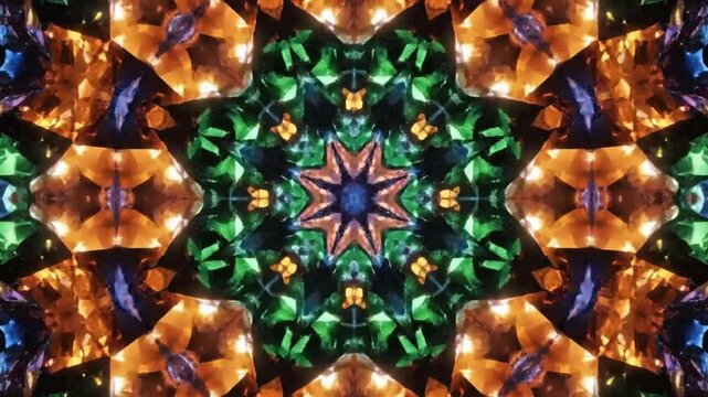 Mesmerizing Kaleidoscope of Colorful Gemstones Forming Dynamic Geometric Star Patterns with Shimmering Light Effects