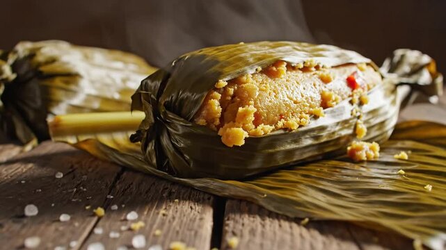 Steaming masa wrapped in banana leaves on a rustic wooden table with salt