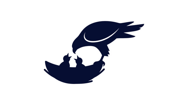 Hawk feeding hungry chicks in nest silhouette icon