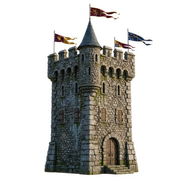 Gray stone castle tower with flags on top