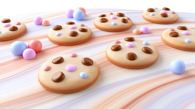 Delicious looking round cookies with mixed colorful chocolate and pastel candy dots on soft flowing striped background for sweet dessert concept