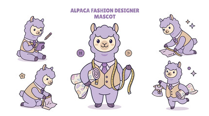 Naklejka premium Cute Alpaca Fashion Designer Mascot Character Set in Various Poses Featuring Tailoring, Sketching, and Sewing Activities