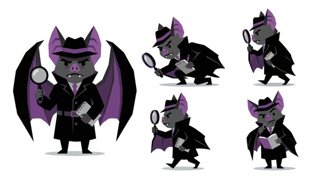 Set of Bat Detective Characters in Noir Style with Magnifying Glass and Notebook Vector Illustration