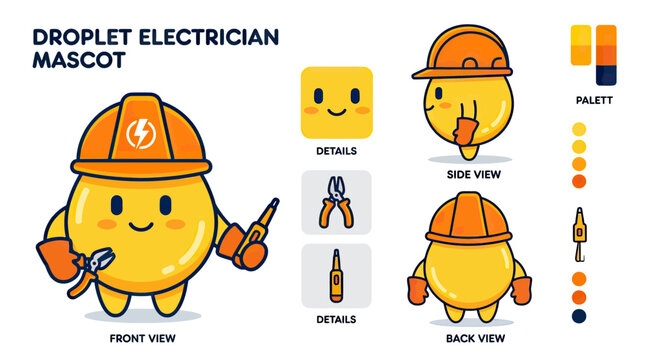 Cute Yellow Droplet Electrician Mascot Character Sheet, Professional Vector Illustration of a Worker in Hard Hat Holding Tools, Front Side and Back View Set