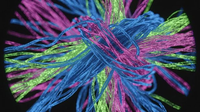 Abstract three-dimensional tangled threads in blue, pink, and green colors against a black background