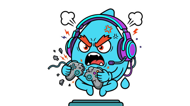 Angry Cartoon Gamer Character Mascot Breaking Controller in a Fit of Rage, Video Game Frustration Concept Illustration