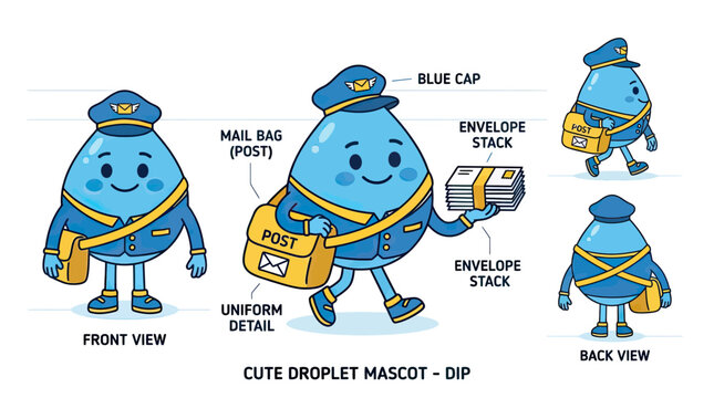 Cute Blue Water Droplet Mascot Character Design Sheet, Postman Postal Worker with Envelopes and Mail Bag