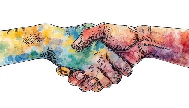 A Colorful Handshake: An artistic illustration depicting two hands clasped in a handshake, adorned with vibrant watercolor splashes symbolizing diversity, unity, and connection.