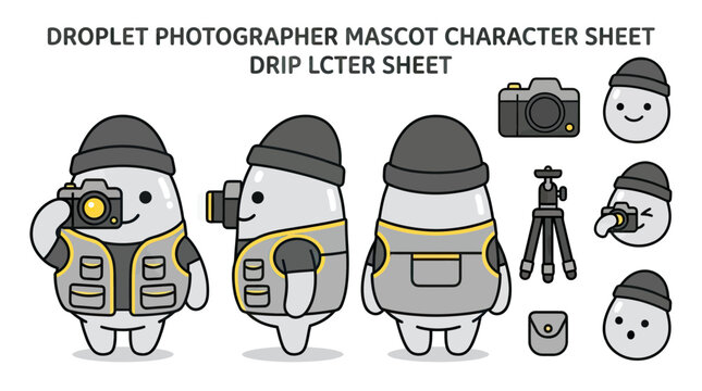 Droplet Photographer Mascot Character Sheet with Camera, Tripod, and Facial Expressions for Brand Design