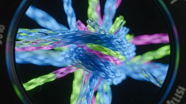 Close up view of colorful braided ropes tied in a knot against a dark background in a circular frame