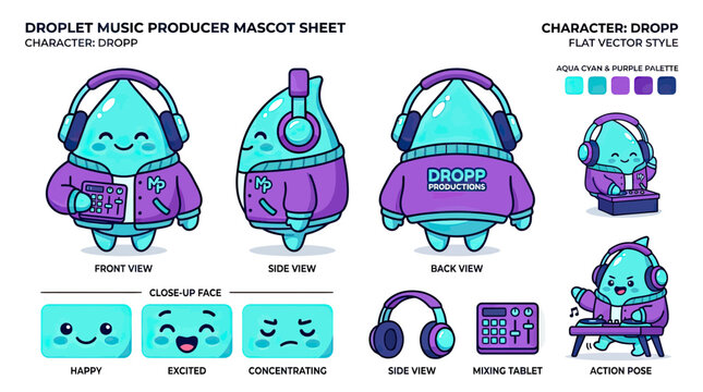 Cute Water Droplet Music Producer Mascot Character Sheet with Multiple Poses, Facial Expressions, Headphones and DJ Mixing Tablet Equipment, Flat Vector Illustration
