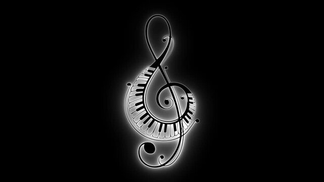 Treble clef. Piano keys. Music art. Musical symbol. Black and white. Glowing design. Creative melody. Classical music. Abstract vector. Music logo.