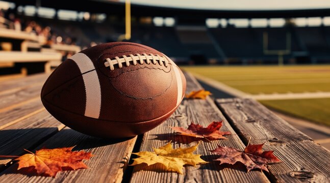 American football rests on weathered wood beside colorful autumn leaves. Stadium seats and field blur in soft focus background. Sporty fall game day concept.
