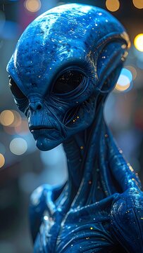 A blue alien with large eyes and intricate skin patterns