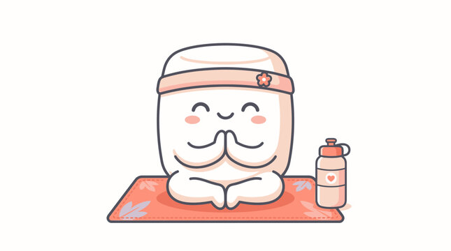 Cute Marshmallow Character Practicing Yoga and Meditation on a Mat with Water Bottle