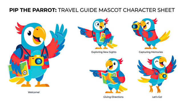 Pip the Parrot Travel Guide Mascot Character Sheet Featuring a Colorful Cartoon Bird with Camera, Map, and Backpack in Various Poses