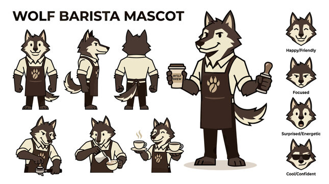 Wolf Barista Mascot Character Sheet featuring Various Poses, Facial Expressions, and Coffee Shop Actions in Vector Illustration Style