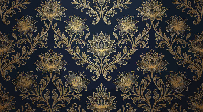 Seamless damask pattern with gold floral ornament on a dark blue background, luxury vintage wallpaper design