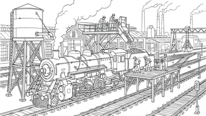 Vintage steam locomotive coloring page at industrial railway station with workers loading coal and water tower, detailed line art for kids and adults © IDR TAO