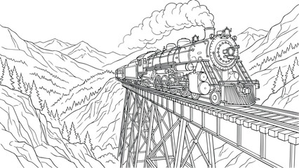 Vintage Steam Locomotive Train Crossing a High Trestle Bridge in the Mountains, Coloring Page for Kids and Adults, Detailed Line Art Illustration of a Scenic Railway Journey © IDR TAO