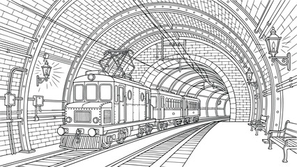 Vintage Subway Train in Arched Brick Tunnel Line Art, Retro Underground Station Coloring Page Illustration for Adults and Kids © IDR TAO