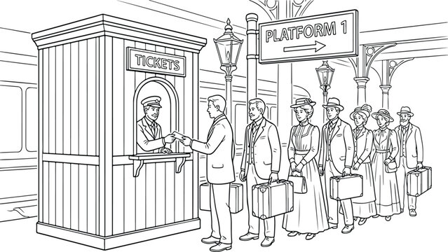 Vintage train station coloring page with people queuing at ticket office, Victorian era railway platform line art illustration