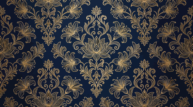 Seamless damask pattern with gold floral ornament on a dark blue background, luxury vintage wallpaper design