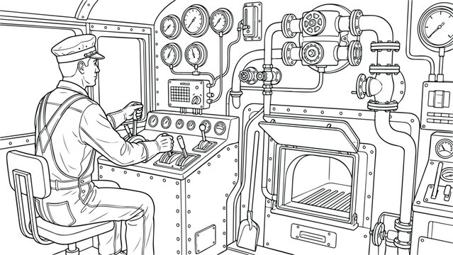 Train Engineer in Vintage Steam Locomotive Cabin Coloring Page, Professional Locomotive Driver at Machinery Controls with Gauges and Pipes Line Art Illustration
