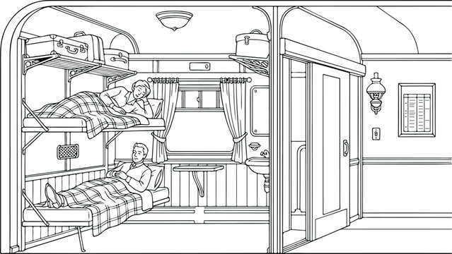 Retro train sleeper compartment interior line art coloring page with passengers in bunk beds and vintage travel details