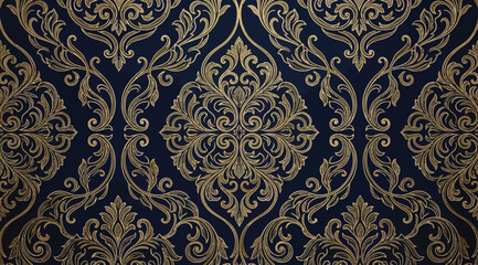 Seamless luxury damask pattern with ornate gold floral elements on a dark navy blue background © S.Siam