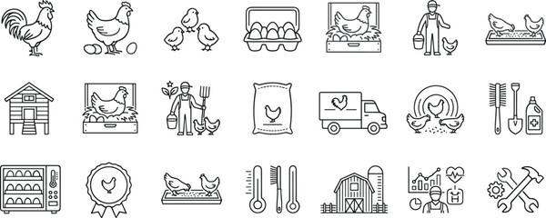 Poultry Farming and Chicken Breeding Line Icon Set Featuring Rooster Hen Eggs Incubator Barn Farmer and Agriculture Production Symbols for Vector Graphic Design © Nurchhana