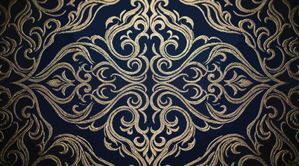 Sophisticated seamless damask wallpaper design with gold ornate floral motifs on a dark navy blue background © S.Siam