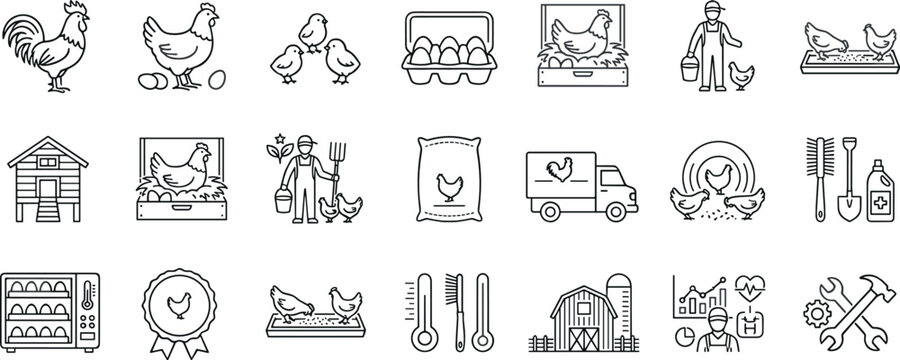 Poultry Farming and Chicken Breeding Line Icon Set Featuring Rooster Hen Eggs Incubator Barn Farmer and Agriculture Production Symbols for Vector Graphic Design
