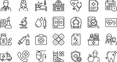 Comprehensive Medical and Healthcare Outline Icon Set Featuring Clinic, Diagnostics, Laboratory, Pharmacy, Hospitalization, and Wellness Symbols for Commercial Graphic Design © Nurchhana
