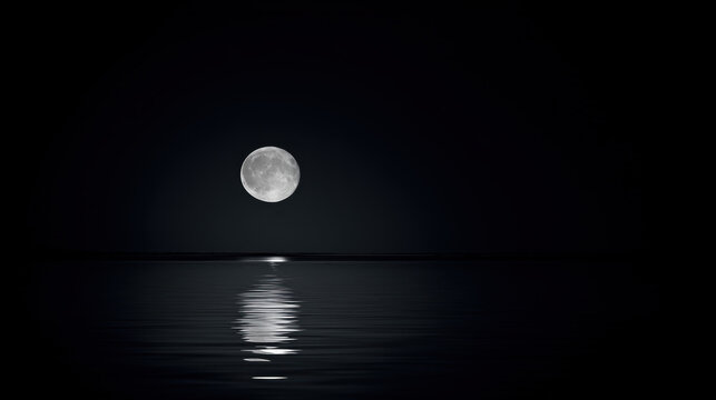 Full moon over dark sea with reflection