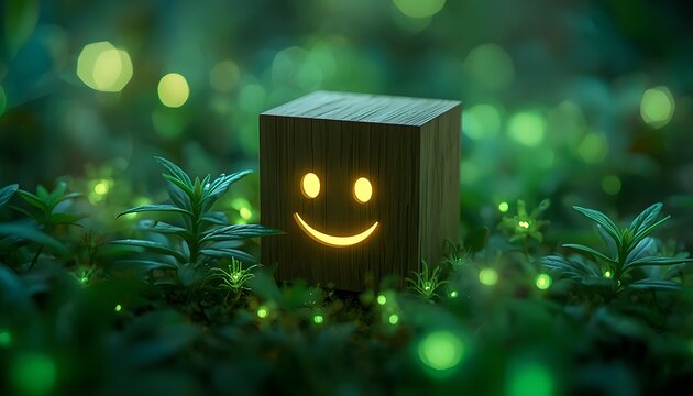Smiling wooden cube surrounded by glowing neon-green micro plants in a futuristic setting