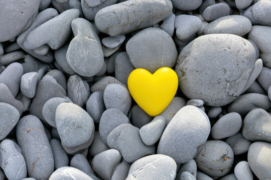 Yellow heart on a background of gray stones.