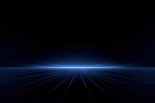 Dark graphic background with blue horizon light, perspective lines