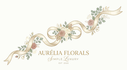 Elegant floral ribbon logo design for aurlia florals, featuring soft watercolor roses and eucalyptus leaves © S.Siam