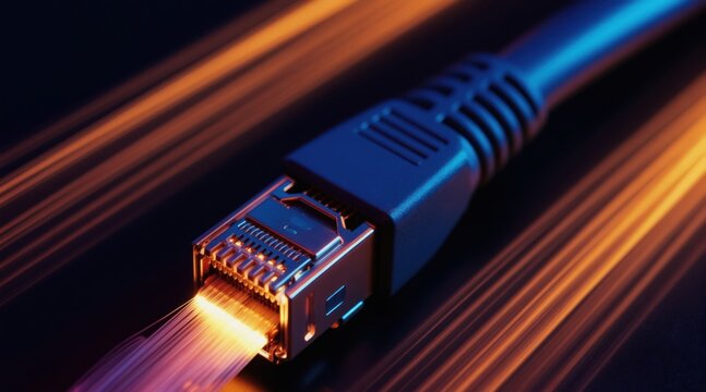 Close up of ethernet cable connector transmitting data with glowing orange light lines fast. Futuristic network technology, internet connection concept. High speed digital communication.