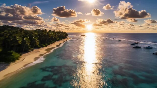 Aerial drone view of a tropical beach with palm trees and turquoise ocean at sunset, creating a serene and idyllic paradise atmosphere, ideal for travel and vacation themes