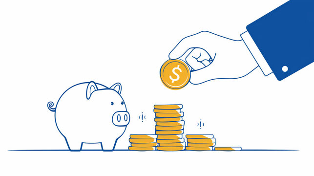 Illustration of a piggy bank, stacks of gold coins and a hand holding a gold coin on a white background symbolizes savings and money accumulation.