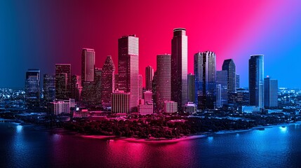 Fototapeta premium Pixelated City Skyline at Night Pink and Blue Illumination