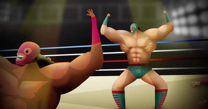 two wrestling champions celebrating victory in the ring